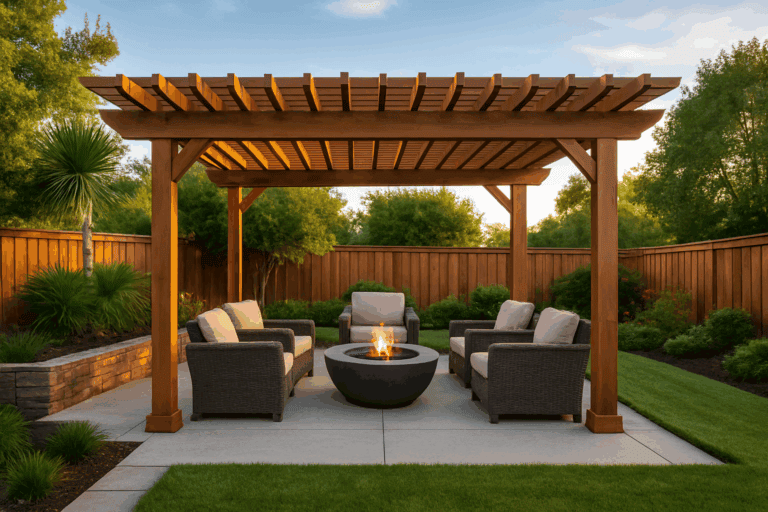Upscale backyard patio with wood cover and cozy fire pit surrounded by greenery
